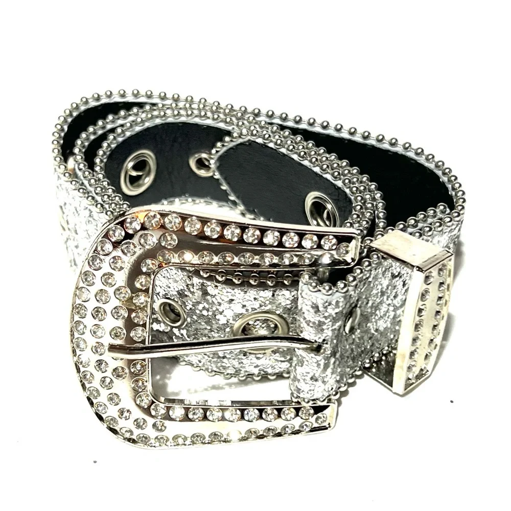 Men’s Rhinestone Black Leather Belt with Silver Studs and Ornate Buckle